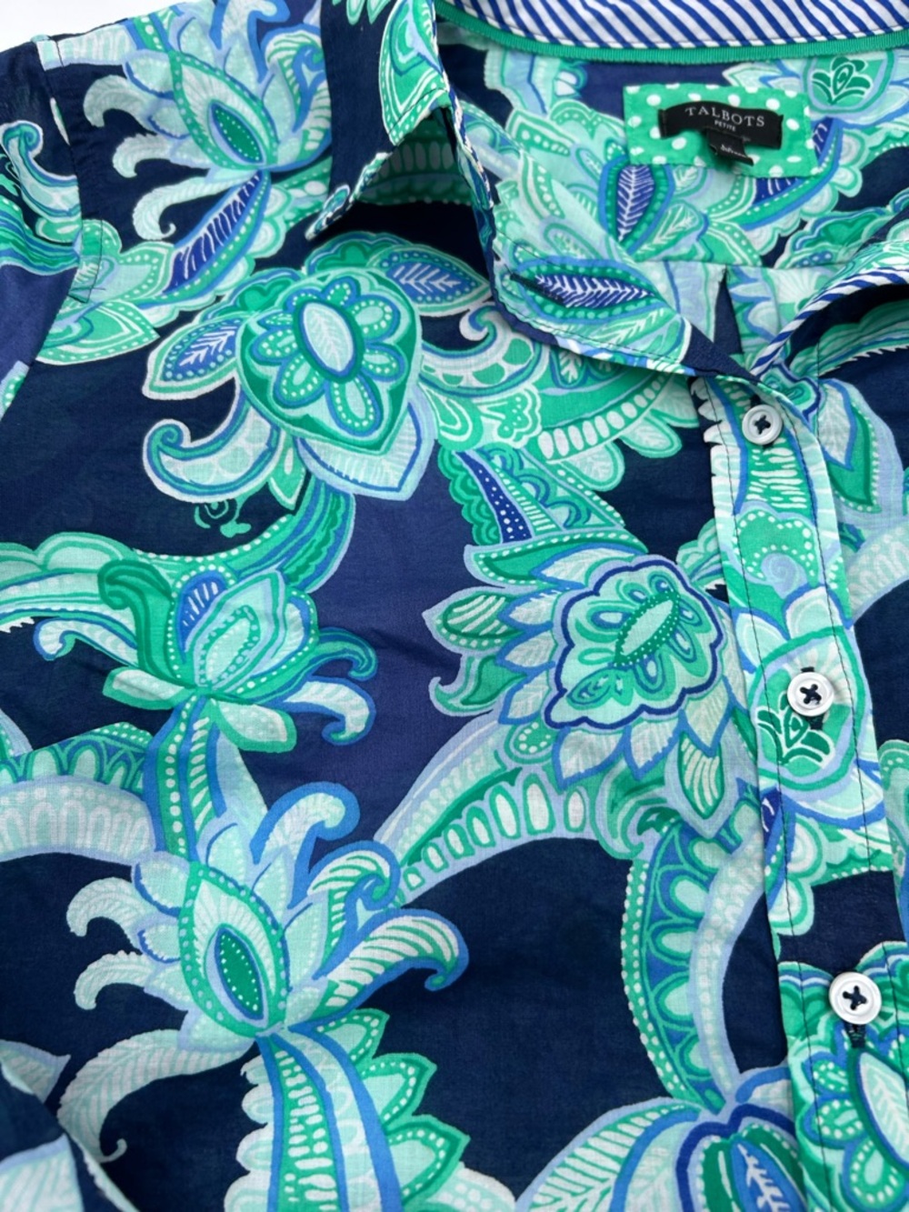 Talbots Navy and Mint Floral Paisley Button-Down Top LP - Picture 3 of 7